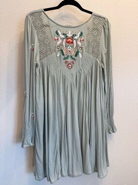 Free People Boho Embroidered Dress | Size Small | Sage Green